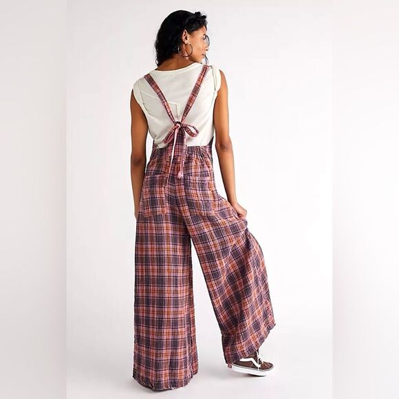 Free People x CP Shades Pink, Purple, Orange Plaid Overall Flare Wide Leg Sz S - Picture 5 of 13